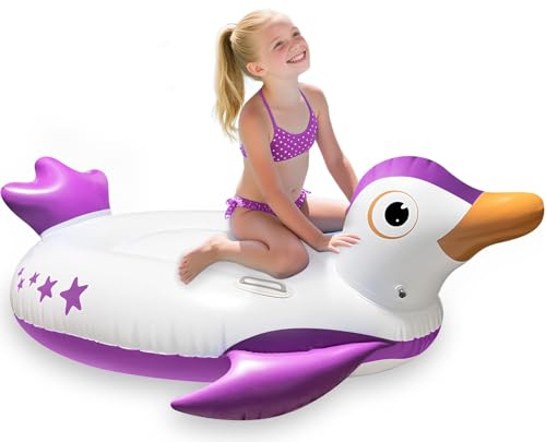 Inflatable Pool Floats, Purple penguin with Holders, Floating Animal Air Mattress, Beach Swimming Pool Toy, Pool Inflatable For Kids and Adults, Ride On w/Fast Valves Large Rideable Blow Up