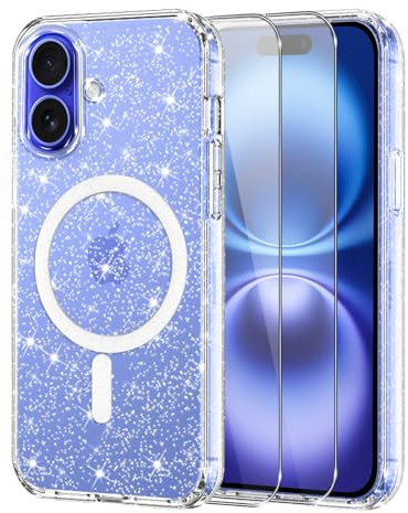 Knrlqim Coque Paillettes pour iPhone 16, Compatible avec MagSafe | Étui Transparent TPU Brillant, avec 2x Verre Trempé 9H, Antichoc Antirays, Glitzer Case Magnétique pour iPhone 16