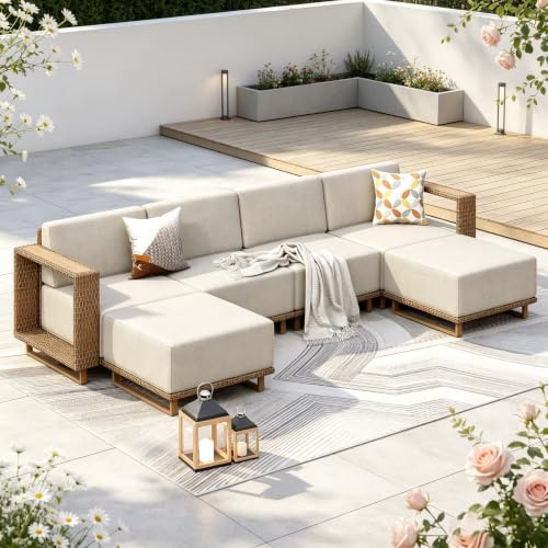 PHI VILLA Rattan Gartenmöbel Set mit 25 cm Kissen, 6 Personen Outdoor Lounge Möbel Ecksofa mit 2 Ottomanen, U-Form Gartenlounge Gartensofa Terassenmöbel für Außen, Beige