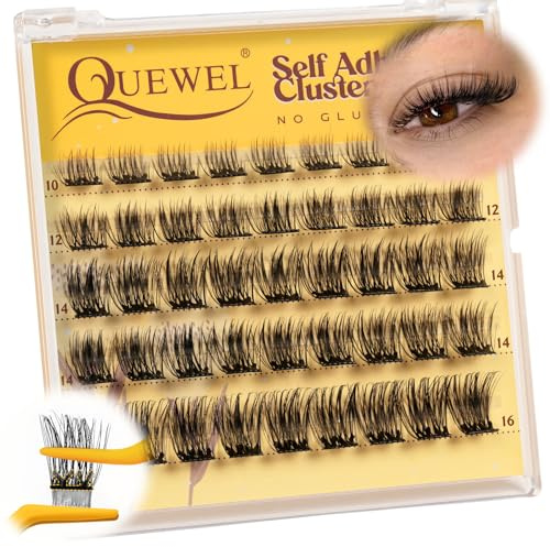 QUEWEL Pre-Glued-Cluster-Lashes Kit Natural Self Adhesive Eyelashes, D Curve Pre Glued Eyelashes, Strong Hold 10-16MM No Glue Needed Self Adhesive Lashes at Home(MJ03-new)