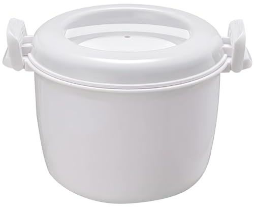 Arrocera blanca de 3 tazas con tapa de bloqueo, apta para microondas, vaporera versátil para comidas familiares rápidas