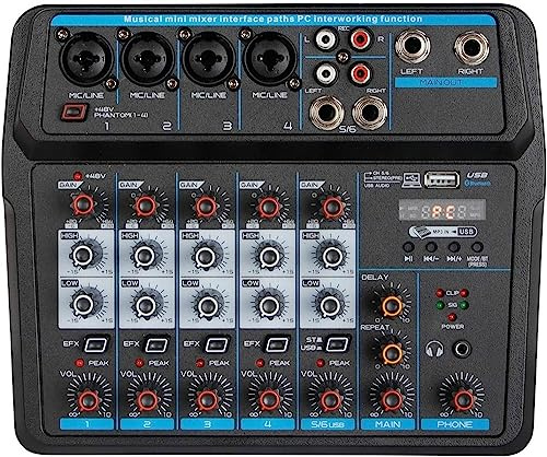 Mesas de mezclas de estudio, mezcladores en vivo Mezclador Bluetooth de 4/6 canales con tarjeta de sonido, escenario de actuación civil y doméstico, mezcladores en vivo pequeños USB Mezclador de DJ,