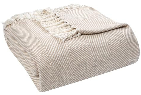 EHC Handwoven Cotton Throws for Sofas Bed Sofa Settee Couch Reversible Bed Cover Over Blanket, King Size, 225 x 250cm, Natural/Beige