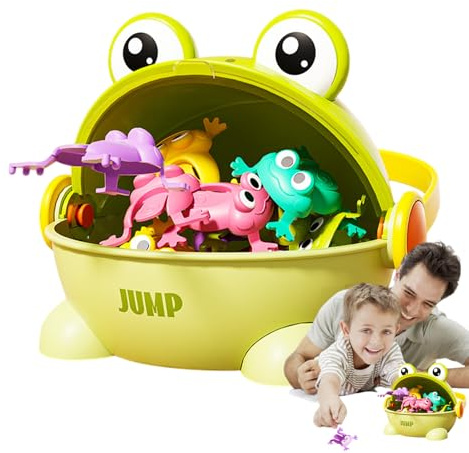 Finger-Press Bouncing Toy - 20x17x18cm Jumping Frog Game, ABS Puzzle Toad, Colorful Kids Play Bucket With 15 Figures | Goody Bag Filler Educational Activity, For Boys Girls And Child Learning And Fun
