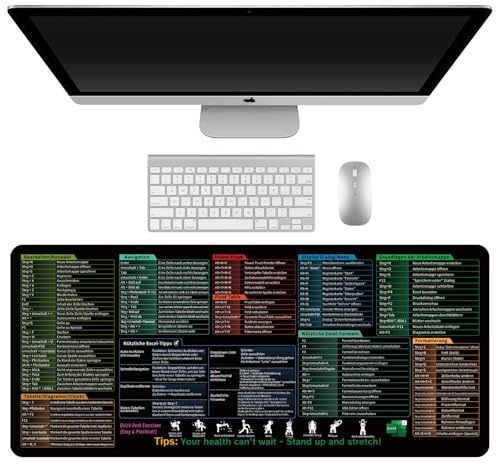Musmatta XXL, Excel Shortcuts, skrivbordsunderlägg, tyska, stor, 900 x 400 mm, skrivbordsmatta, multifunktionell bekväm spelmusmatta med Word-PPT-Windows för kontor, spel och hem, skrivbord (svart)