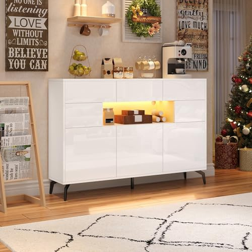 FammyLoft Hochglanz Sideboard Wohnzimmer mit 3 Schubladen und 5 Schränken, Buffetschrank mit LED-Lichtleiste, 140 * 30 * 94cm, Modern Wohnzimmerschrank für Schlafzimmer, Büros, Flur, Weiß