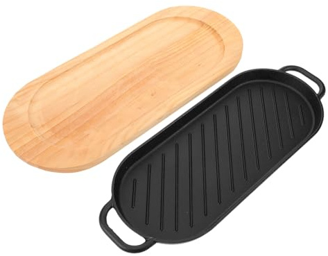 Mikinona Sartén Hierro para Bistec con Doble Asa y Base de Madera Plancha Parrilla Resistente para Asar Carne Compacta y Duradera para Hogar y Reuniones Familiares