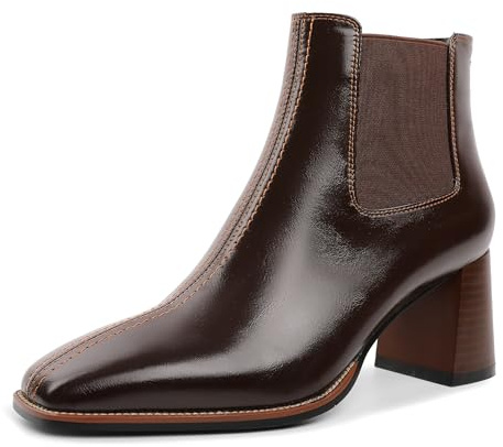 elashe Tronchetti Donna, Stivaletto Marrone con Tacco a Strati, Tronchetto alla Caviglia, Chelsea con Tacco a Blocco 6 cm e Punta Quadrata, Cerniera, Chiusura Elastica, Pelle Cordovan, 39 EU