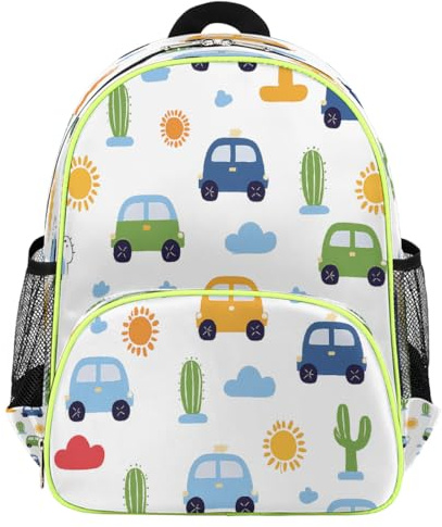 Ethebre Sac à dos pour enfants avec motif de cactus de voiture de dessin animé pour filles et garçons, sac à dos léger et résistant à l'eau avec sangle de poitrine pour les tout-petits de la