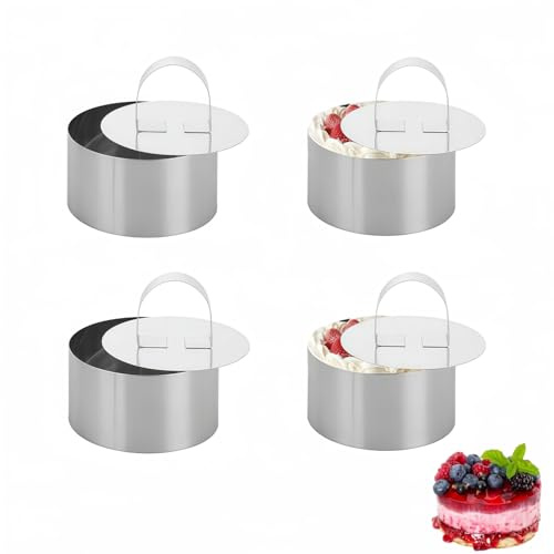 QHFlashbuy Set di 4 anelli per torte, in acciaio inox, anelli da 8 cm, con spingi gli anelli rotondi in acciaio inox, antiaderenti, per cuocere crumpet, uova, pasticceria, mousse, dessert