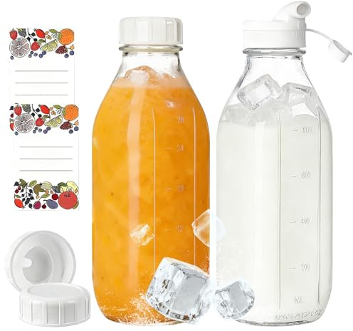PORFOYO Set di 2 bottiglie di latte in vetro con beccuccio, bottiglie di vetro da 1 l con coperchio, 32 oz per frullati con segno di capacità, bicchieri per latte fresco, frullati, succo di frutta