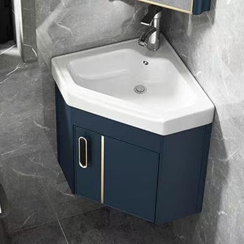 YSZBD Lavabo de Esquina con Mueble, Lavabo de baño, Lavabo Triangular de cerámica con Grifo y desagüe, Lavabo de Esquina de Pared(Blue,42×42cm)