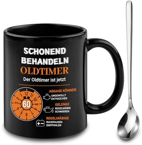 Lustige Tasse zum 60 Geburtstag Geschenke mit Kaffeelöffel, Schwarz | Schonend behandeln Oldtimer ist jetzt 60 , Kaffeetasse 350 ml aus Keramik , Lustiges Geschenk für Männer , Opa oder Kollegen