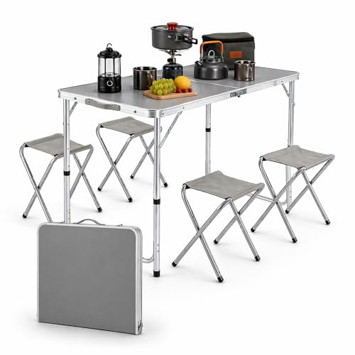 TIENDA EURASIA – Conjunto Mesa Plegable de Camping con 4 Sillas | 120x60x70 cm | Estructura de Aluminio | Altura Ajustable | Portátil y Ligero | Ideal para Jardín, Terraza y Exterior | Color Gris