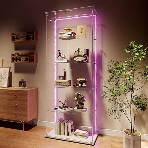 ADWOLT Glasvitrine Standvitrine mit LED-Beleuchtung, 5 Lagen und 2 abschließbaren Türen, Vitrinenschrank aus Holz und Glas für Sammlervitrine, Bücher und Wein, Weiß,Lichtleiste- 186.5X 78.5X 34.5cm