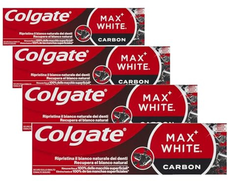 Colgate Max White Carbón Activo Pasta de Dientes 75ml - Pasta de Dientes Blanqueadora - Elimina hasta 100% de las Manchas Superficiales - Carbón Activado y Micro Partículas Minerales (Paquete de 4)