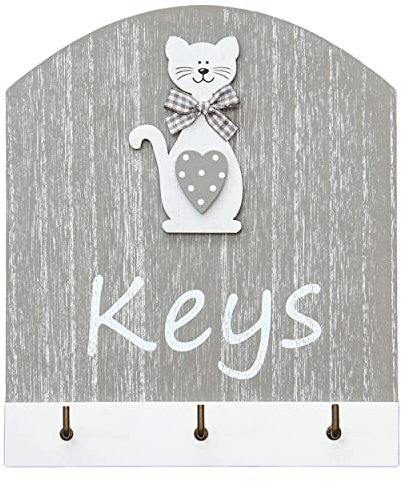 SPOTTED DOG GIFT COMPANY Schlüsselbrett Katze, Schlüsselhalter Holz mit Katzenmotiv, 3 Schlüsselhaken Wand, Schlüsselleiste Schlüsselboard für Schlüssel Flur, Katzendeko Katzenliebhaber, Wandmontage
