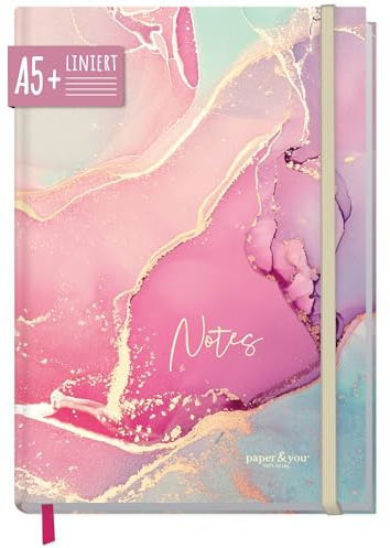 paper&you® anteckningsbok A5+ linjerad med elastiskt band Silky Pink 156 sidor, 78 ark - som journal, dagbok - hållbar & klimatvänlig