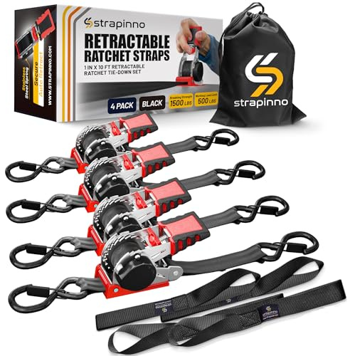 Strapinno Retractable Ratchet Straps 1 in x 10 ft, Secure Tie-Downs with Rubber-Coated Steel Handles, for Motorcycle, Jetski, Kayak, Breaking Strength 1,500LBS/680KG (Black Strap, White Zinc Coated)