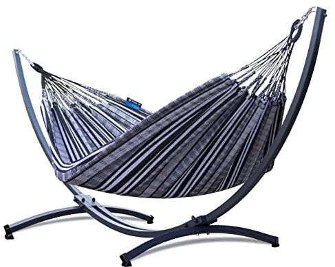 Potenza Outdoor Hängematte mit Gestell für 2 Personen I Pereira - 100% Baumwolle Doppelhängematte 230x160 cm, 200kg I Hängemattengestell 220kg, wetterfest (Zebra, Basic Gestell Graphit)