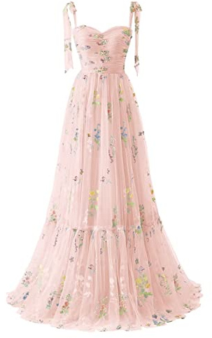 Maxianever Floral Embroidery Prom Dresses Tulle Petite Sleeveless Women's Floor Length Formal Flower Evening Ball Gowns Pink US6