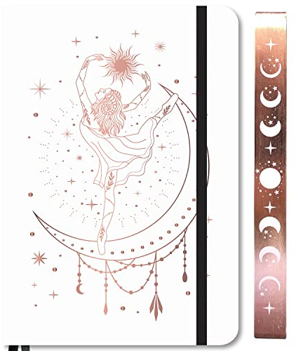 BUKE Bullet Dotted Journal – Carnet à pois Medium A5 – Papier bambou épais 180 g – 160 pages à pois 5 x 5 mm – Couverture rigide en cuir synthétique blanc – Bord or rose et Moons (A5, blanc)