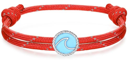 J.Endéar Bracciale Onde Surf per Uomo Ragazzo | Bracciale Argento 925 Impermeabile Paracord Regolabile per Donna | Gioielli Spiaggia Estate Sport Regalo Amicizia, Rosso