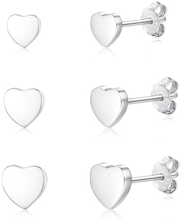 Loutade Orecchini a perno in argento 925, piccoli, 3 paia di orecchini a forma di cuore in argento Sterling 925, a forma di croce, ipoallergenico, 4/5/6 mm, piatto, cartilagine, per dormire e dormire