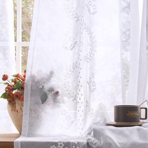 TOPICK Gardinen mit Ösen Gardinenschals Vorhänge H175xB140 2er Set Weiß | Gardinen modern Wohnzimmer Schlafzimmer Ösenvorhang Fenster Vorhänge Ösenschal Gardinen lichtdurchlässig Vorhang Leinenoptik