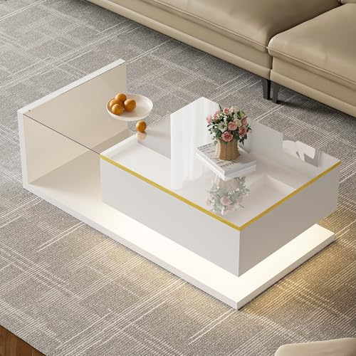 BTM Table Basse Moderne à LED avec Plateau en Verre, Table rectangulaire en Bois avec Rangement caché et Ouvert, pour Salon, Blanc