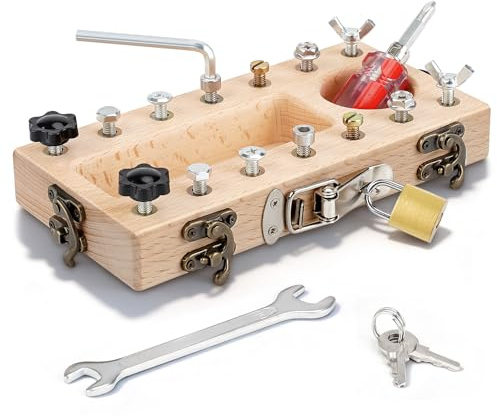 Montessori Spielzeug ab 3 4 5 Jahre, Motorikspielzeug Holz Schraubbrett,Busy Board mit Schlüssel Schloss,Activity Board Schrauben,Schraubendreher Brett Kinder Holzspielzeug,Ostern Geschenke für Kinder