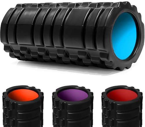 unycos - Faszienrolle 33 x 14 cm – mittelharte 3D-Massagerolle für Rücken, Beine & Nacken, Foam Roller für Selbstmassage, Triggerpunkte, Mobility & Yoga, inkl. 50 Übungen-E-Book (Schwarz/Blau)