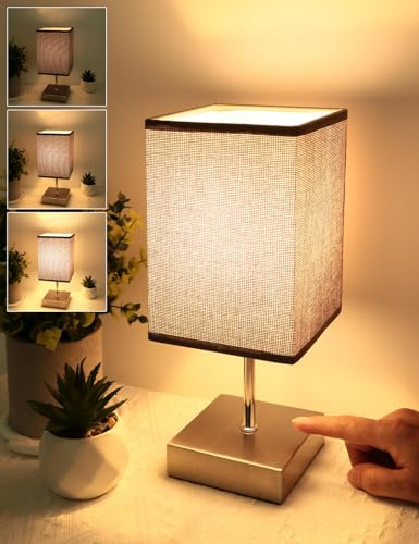 Touch Lamps Bedside, HSLighting Bedside Lamp Touch Control Table Lamp 3-Way Brightness Dimmable Square Small Lamp with Metal Base LED Desk Lamp Minimalist Nightstand for Bedroom Living Room Gift, Grey