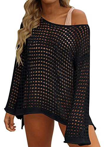 YGERGWE Beach Cover Ups for Women UK, Long Sleeve Crochet Beach Dress Ladies Swimwear Coverup Summer Holiday Bikini Cover ups Hollow Out Loose Knit Tunic Off Shoulder Mesh Beachwear Black