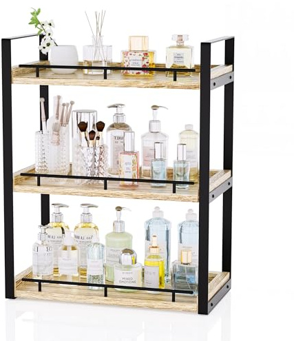 CeleVista Badezimmer-Organizer, 3-stöckiges Holzregal für die Arbeitsplatte | Für Kosmetikartikel, Make-up, Küchenutensilien und Spülbecken, mit robustem Metallgestell (Rustikales Braun)