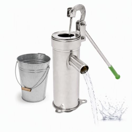 Schwengelpump Edelstahl 8M Wasserpumpe, 202 Edelstahl Gartenpumpe Handpumpe Wasser Tiefbrunnenwasserpumpe mit Lederhülle Auslaufsichere Einlage PVC-Rohr für Gärten Parks Teiche Grundwasser