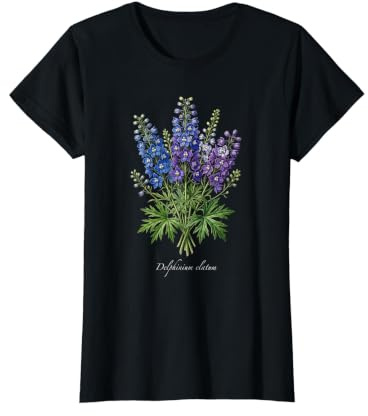 Delphinium pianta Illustrazione Delphinium elatum Maglietta con Stampa Grafica Economica