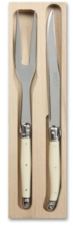 Andre Verdier Laguiole 2 Piece Carving Knife and Fork Set in Wooden Tray, 100% Made in France, Ivory