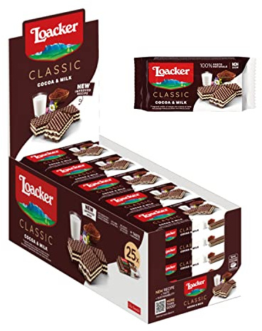Loacker Classic Waffeln - Cocoa & Milk - Großpackung mit 25 Stück á 45g | Zarte Milchcreme - 100% Alpenmilch - Klassische Kakao Waffeln mit 2 Schichten - Ohne Gentechnik - Ohne Aromen - Ohne Zusätze