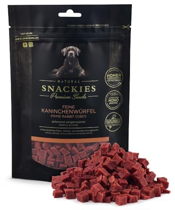 SNACKIES Premium Snacks für Hunde, ohne Zusatz von Getreide, Zucker, Farb-, Aroma- und Konservierungsstoffe, schonend luftgetrocknete Leckerli, Feine Kaninchenwürfel 170g