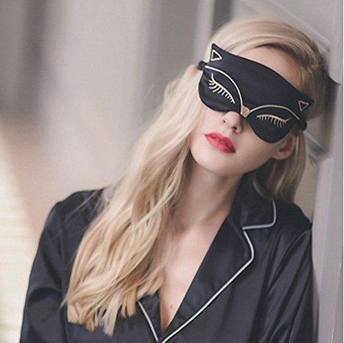 PHEZEN Schlafmaske und Augenbinde aus Naturseide, süße Tier-Schlafmaske, sexy Fuchskatze super glatte Augenmaske mit verstellbarem Riemen für Schlafen, Nickerchen, Reisen, schwarz