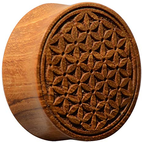 CHICNET Damen Herren Plug Flesh Tunnel Lobe Piercing Dehner aus Teakholz Holz, Gravur Blume des Lebens, Double Flared, 22mm bis 30mm 16 mm
