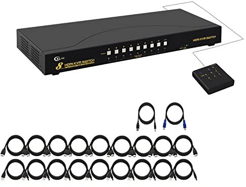 CKLau 8 Port HDMI KVM Switch with 8 Kit Cables and USB 2.0 Hub Supports Keyboard Mouse Switching for Linux, Unix, Windows, Mac