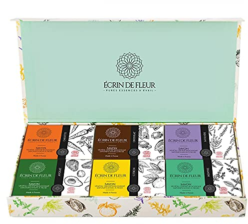 Écrin de Fleur - Coffret magnifique de 6 savons à froid artisanaux français (citron & calendula, carotte, arbre à thé, avocat & chanvre, citron vert & poivre noir, mandarine & calendula)