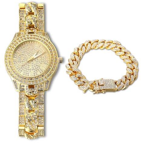 HALUKAKAH Orologio d'oro con Diamantes Iced out,Uomo Placcato Oro Reale 18k Polsino al Quarzo Cinturino a Catena Cubana 9.5,con Set di Bracciali Catena Cubana 8,Lab Diamantes,Gratuito Pacco Regalo