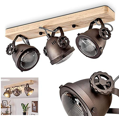 HOFSTEIN Deckenleuchte Herford, verstellbare Deckenlampe aus Metall/Holz/Glas in Natur/Braun/Klar, Leuchte im Industrial/Retro/Vinntage-Design, 3 x GU10, Esszimmmer, Schlafzimmer, Wohnzimmer, Küche
