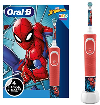 Oral-B Kids Electric Toothbrush, 1 Toothbrush Head, x4 Spiderman Stickers, 2 Modes with Kid-Friendly Sensitive Mode, For Ages 3+, 2 Pin UK Plug, Red
