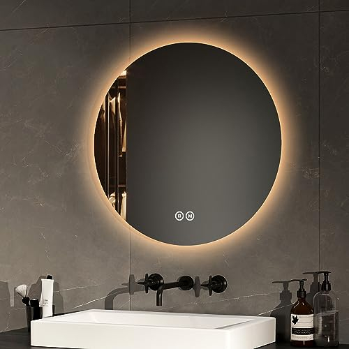 EMKE Runder Badspiegel mit Beleuchtung 50 cm – Spiegel mit 3 Lichtfarben, dimmbar, Touch, Memory-Funktion, energiesparend – Badezimmerspiegel & Wandspiegel