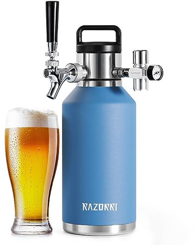 Razorri 64oz Stainless Steel Beer Growler, Double-Wall Vacuum Insulated Carbonated Keg with Professional Bar Tap and Pressurized CO2 Regulator, 0.5 Gallon, Ocean Blue