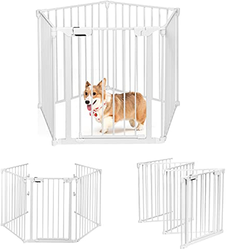 RELAX4LIFE Kaminschutzgitter Faltbar, 290 x 75 cm, BBQ Schutzgitter, Laufgitter Eisen, Laufstall inkl. 5 Panel, Gesundheitschutz für Kinder & Haustier, Absperrgitter Hundegitter zu Hause (Weiß)